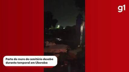 Parte do muro de cemitério desaba durante temporal em Uberaba