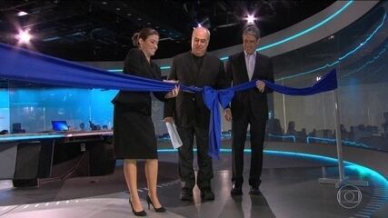 Renata Vasconcellos, Roberto Irineu e William Bonner participam da inauguração da nova redação do 'Jornal Nacional', 19/06/2017.