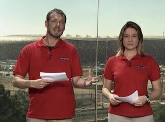 Fernanda Gentil apresenta o “Bom Dia África” ao lado de Gabriel Moojen durante a cobertura da Copa do Mundo da África do Sul para o SporTV. 08/06/2010.