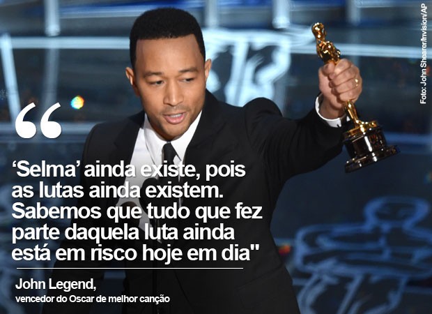 Ao receber o prêmio de melhor canção, John Legend, ao lado de Common, fez uma forte defesa pela igualdade racial (Foto: John Shearer/Invision/AP)