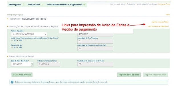 Página para impressão do aviso de férias e recibo de pagamento. (Foto: Reprodução)