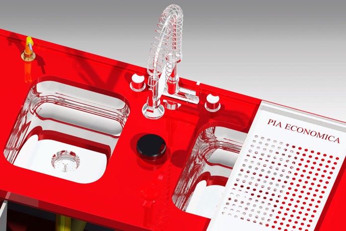 Layout de sistema que trata água de lavagem da louça e faz reúso em pia criado por designer de SP