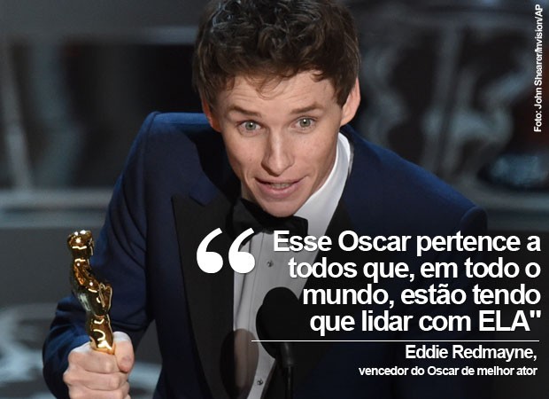 Eddie Redmayne levou o Oscar de melhor ator em sua primeira indicação, e homenageou Stephen Hawking e outros pacientes com ELA (Foto: John Shearer/Invision/AP)