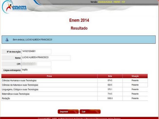 Notas de Lucas no Enem (Foto: Arquivo Pessoal)