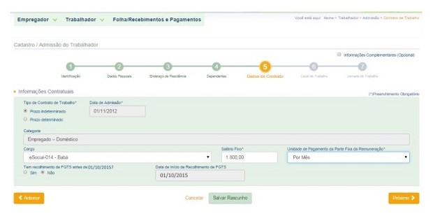 Página para preenchimento de informações sobre o contrato de trabalho do empregado doméstico (Foto: Reprodução)