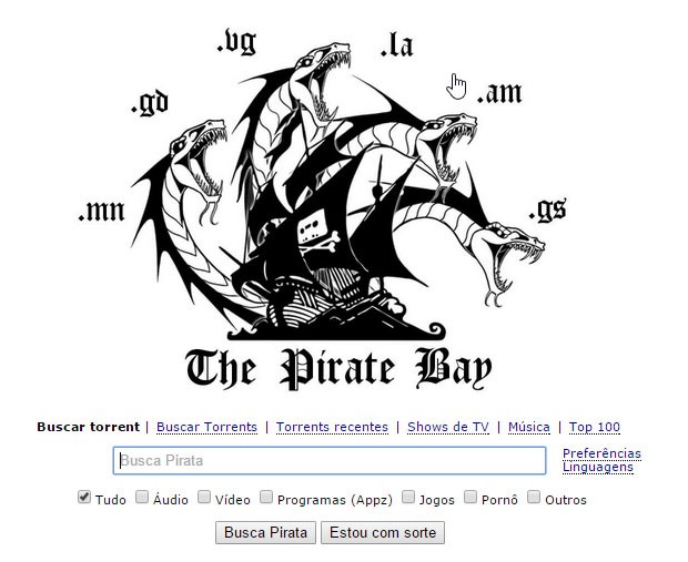 Página principal do 'The Pirate Bay' tem hidra, criatura da mitologia grega, para ilustrar os novos endereços. (Foto: Reprodução)