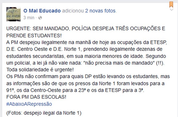 Três escolas teriam sido reintegradas nesta sexta-feira (13) (Foto: Reprodução/Facebook)