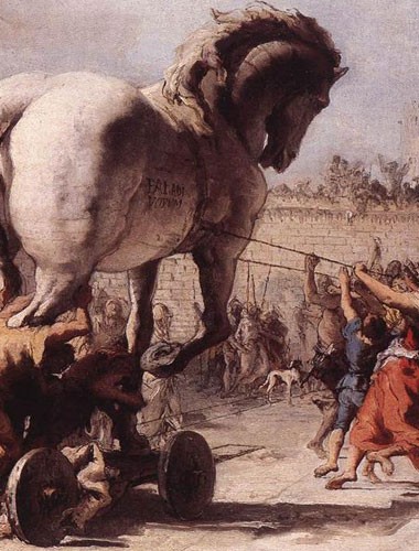 detalhe de obra de Domenico Tiepolo sobre o Cavalo de Troia