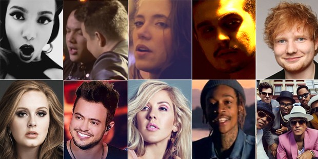 Artistas brasileiros e gringos do 'Top 10 2015' do G1: Anitta, Marcos e Belutti com Wesley Safadão, Tiê, Luan Santana, Ed Sheeran, Adele, Henrique e Diego com MC Guimê, Ellie Goulding, Wiz Khalifa e Mark Ronson com Bruno Mars (Foto: Divulgação)