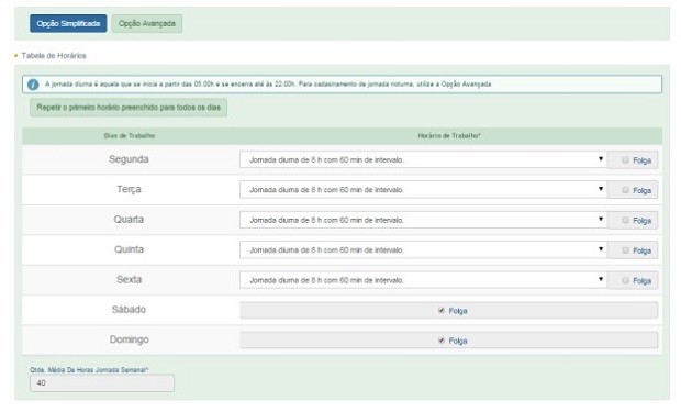 Sistema pede o detalhamento da jornada de trabalho, com detalhes como tempo de intervalo (Foto: Reprodução)