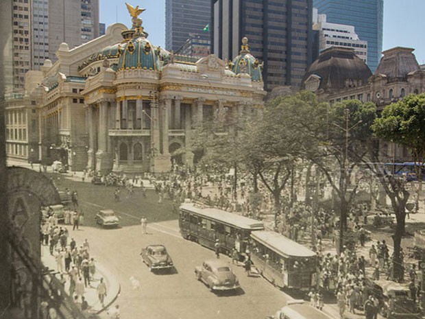 Registro antigo e atual da Cinelândia e Theatro Municipal (Foto: Augusto Malta / Marcello Cavalcanti)