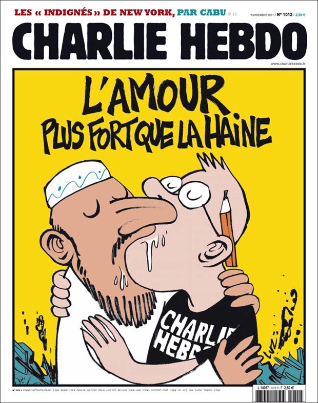 "O amor é mais forte que o ódio", diz capa da Charlie Hebdo publicada após primeiro atentado contra redação em 2011 (Foto: Reprodução/Facebook Charlie Hebdo)