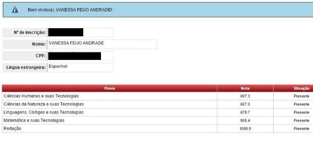 Vanessa foi uma das 250 candidatas de todo o Brasil com nota máxima na redação (Foto: Inep/Reprodução)