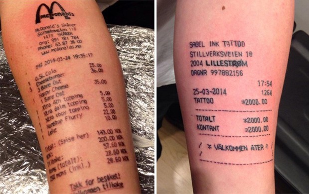 Não satisfeito com a primeira tatuagem, um recibo de um restaurante fast food, Stian Ytterdahl decidiu gravar na pele a nota fiscal referente ao primeiro desenho (Foto: Reprodução/Facebook/Sabelink Tattoo e Reprodução/Facebook/Stian Ytterdahl - The man with the mcdonald's tattoo)