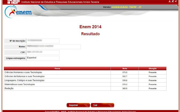 Candidato deve inserir CPF e senha e ver as notas nas provas do Enem (Foto: Reprodução/Inep)