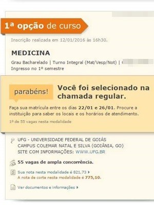 Consulta no Sisu mostra que Bruna Felício de Carvalho, 19, passou em 1º lugar em medicina na UFG, em Goiás (Foto: Reprodução/Sisu)