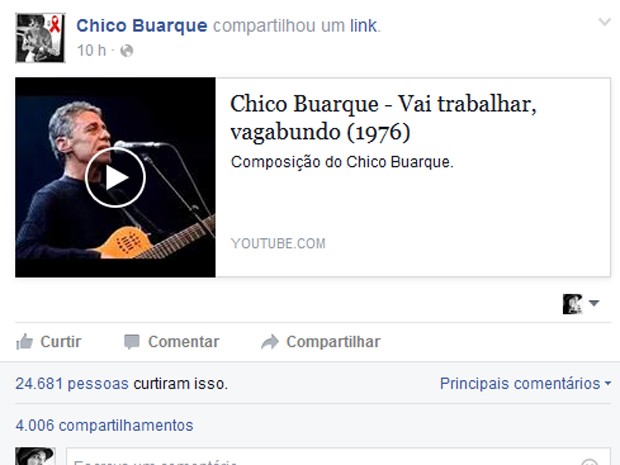 Chico Buarque posta vídeo no Facebook após bate-boca com jovens sobre PT (Foto: Reprodução/ Facebook)