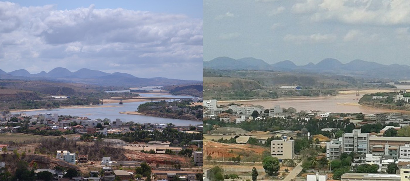 Antes e depois do Rio Doce em Colatina, no Noroeste do Espírito Santo (Foto: Viviane Machado e Vando Fagundes/ Arte G1)