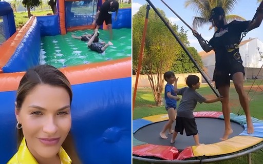 Gusttavo Lima e Andressa Suita se divertem com os filhos em cama elástica e futebol de sabão