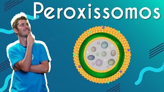 "Peroxissomos" escrito sobre fundo azul, abaixo há uma ilustração de uma célula