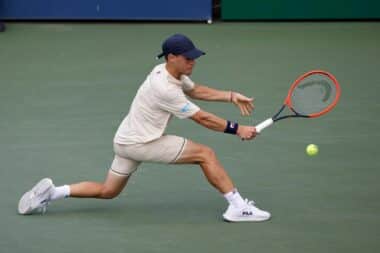 Argentina's Diego Schwartzman returns the ball to France's Gael Monfils during their men's singles first round tennis match on day one of the US Open tennis tournament at the USTA Billie Jean King National Tennis Center in New York City, on August 26, 2024.