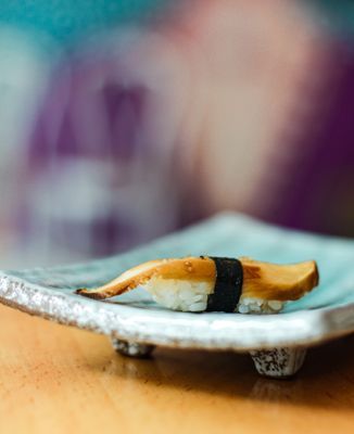 Photo of Omakaseed - New York, NY, US. Pressed King Oyster Mushroom Nigiri