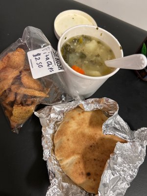 Photo of Nish Nush - New York, NY, US. Pita chips $2:50 & Soup of The Day (Rice vegetable)