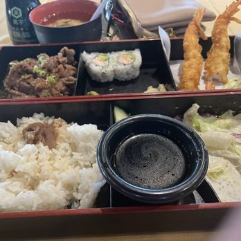 Lunch bento box: beef bulgogi, CA roll, shrimp tempura