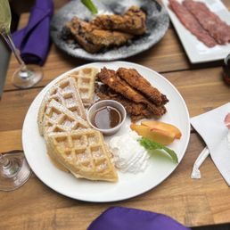 Photo of ININE Bistro - New York, NY, United States. Peach honey Georgia's peach Chicken and Waffles