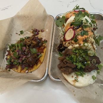 Piggy Taco and three buns- Chicken Bao, Piggy Bao, and Bulgogi Bao