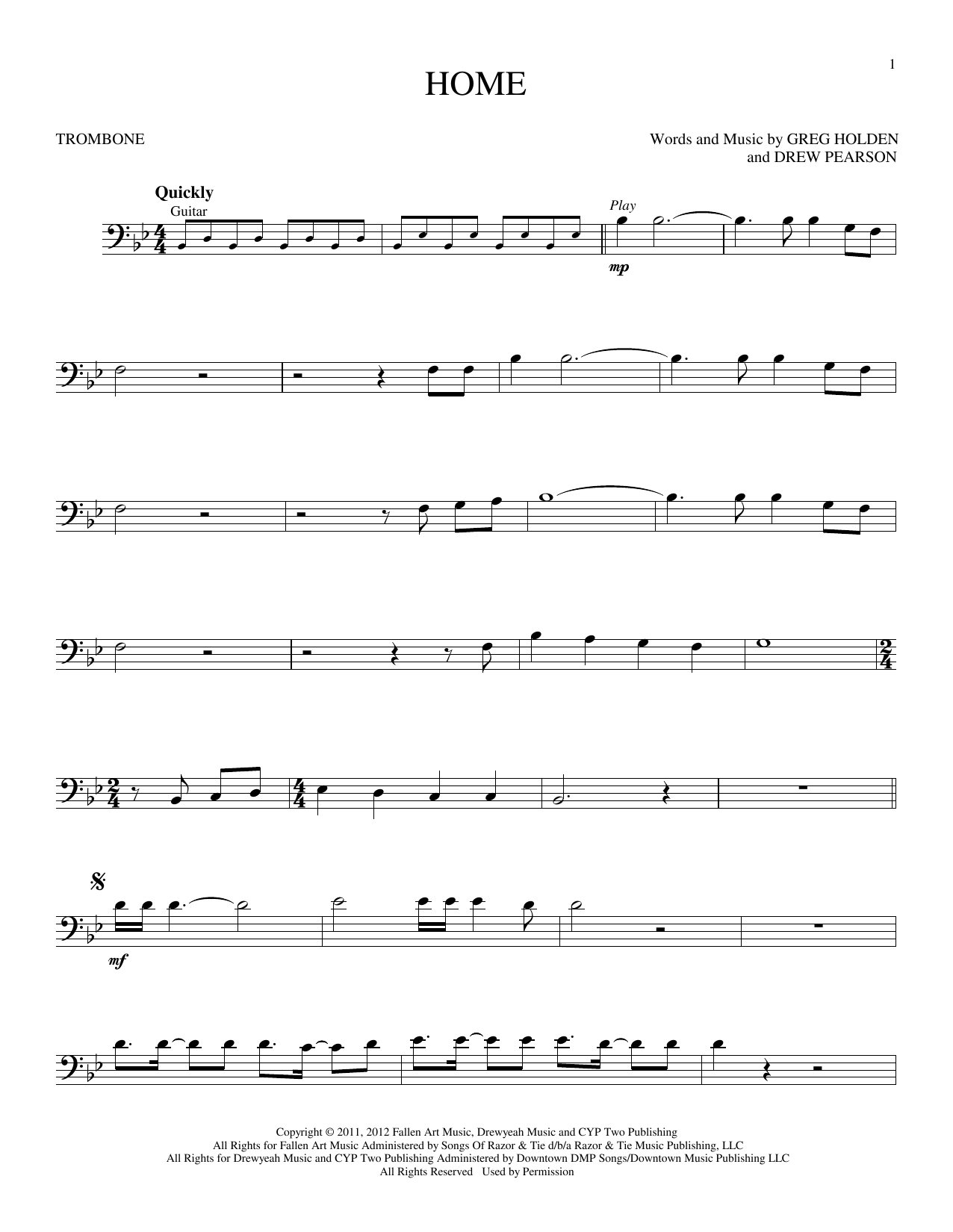 Home Sheet Music | Phillip Phillips | Trombone PlayAlong