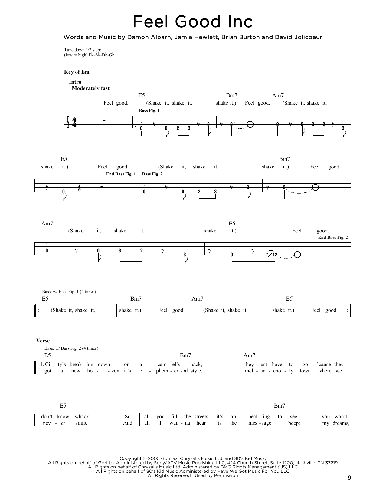 Feel Good Inc Easy Bass Tab Print Sheet Music Now