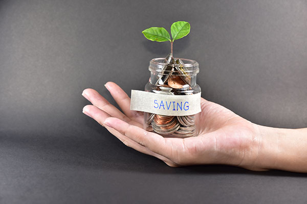 Hand holding money coins in Jar Tree growth saving concept