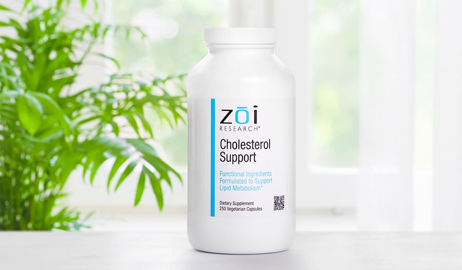 Cholesterol support supplement bottle on white table with plants in background