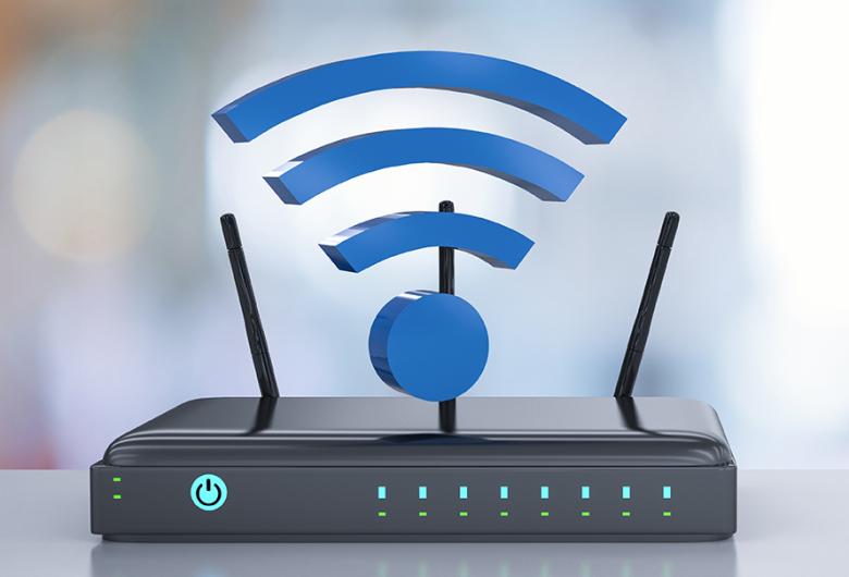 Wireless router with 3D wireless symbol in foreground