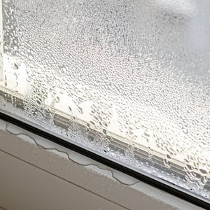 Drops of condensate and black mold on a window