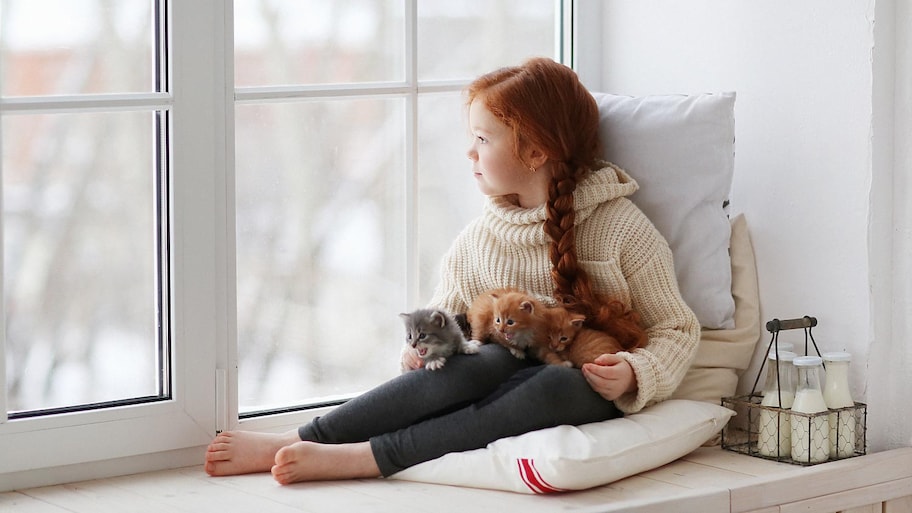 Girl sitting on window with little kittens