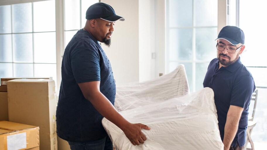 Movers moving a sofa 