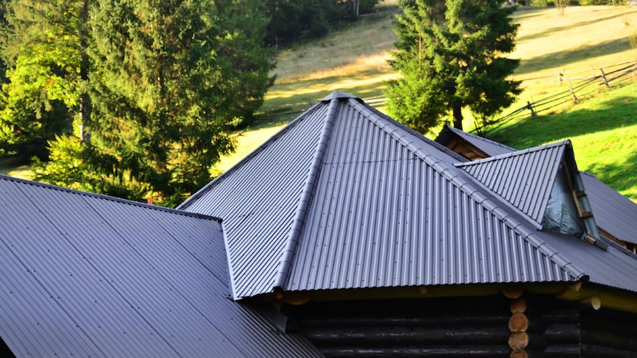 A roof made of gray embossed metal sheets