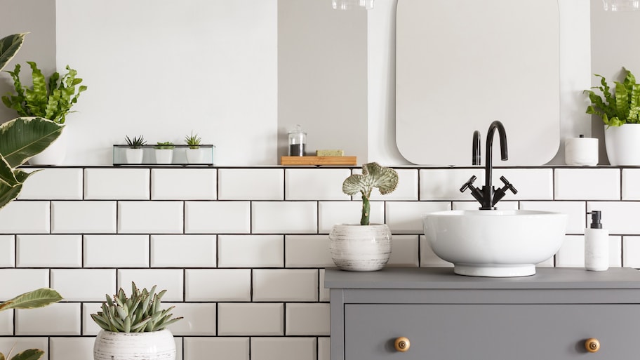 A bathroom with white porcelain tiles and plants