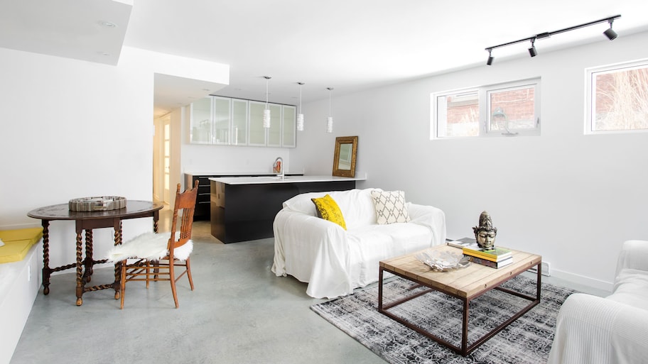 A bright white open plan basement