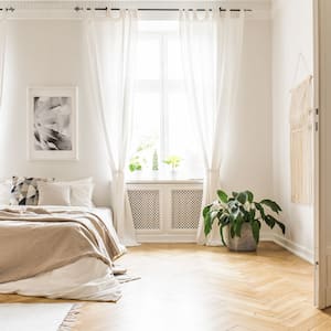 A bright bedroom with hardwood floor