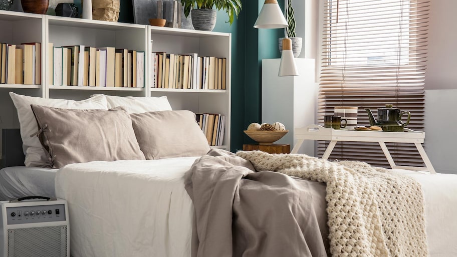 A cozy bedroom with a bookcase behind the bed