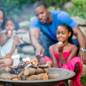 A family roasting marshmallows in a fire pit in their backyard