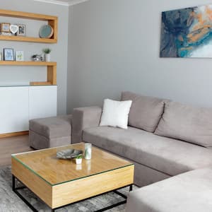 A gray corner sofa in a house’s basement