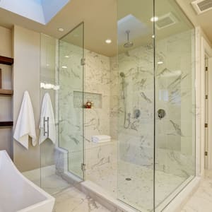 Large walk-in marbled shower