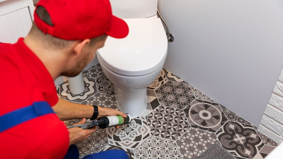 A plumber applying silicone sealant to a toilet