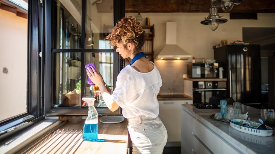 woman cleaning her apartment windows