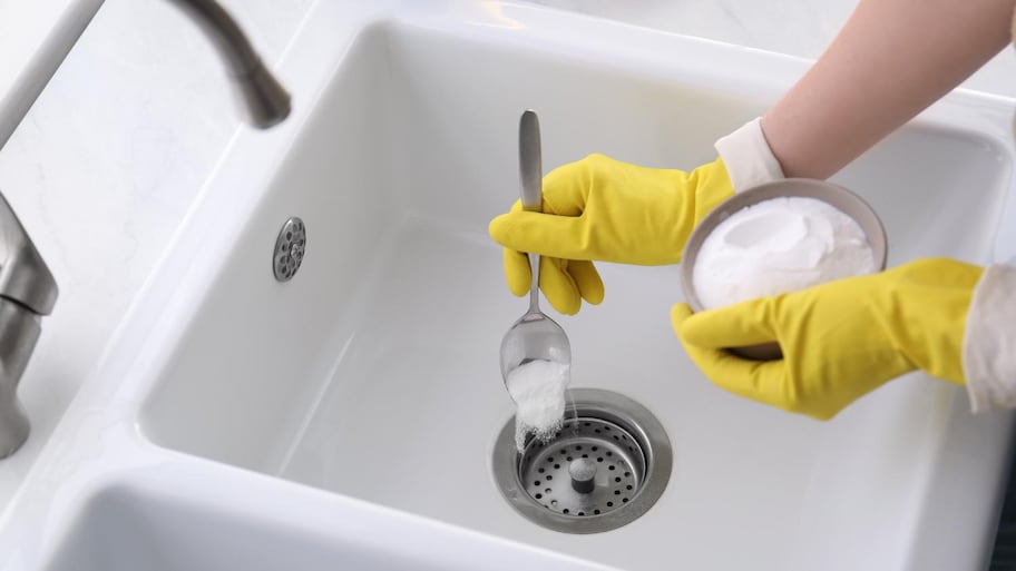 A woman using baking soda to unclog sink drain