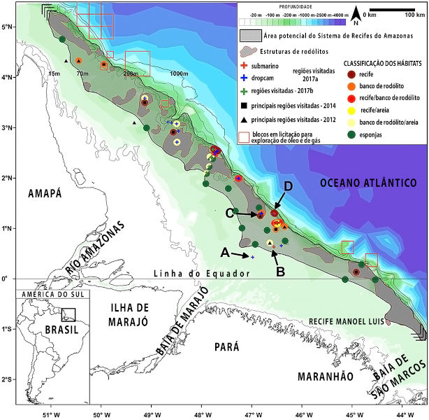 Mapa mais recente indicando, em cinza, a potencial área ocupada pelo Grande Sistema de Recifes do Amazonas.